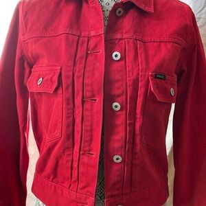 Vintage GUESS? Jeans Red Denim Trucker Style Cropped Jacket 90s